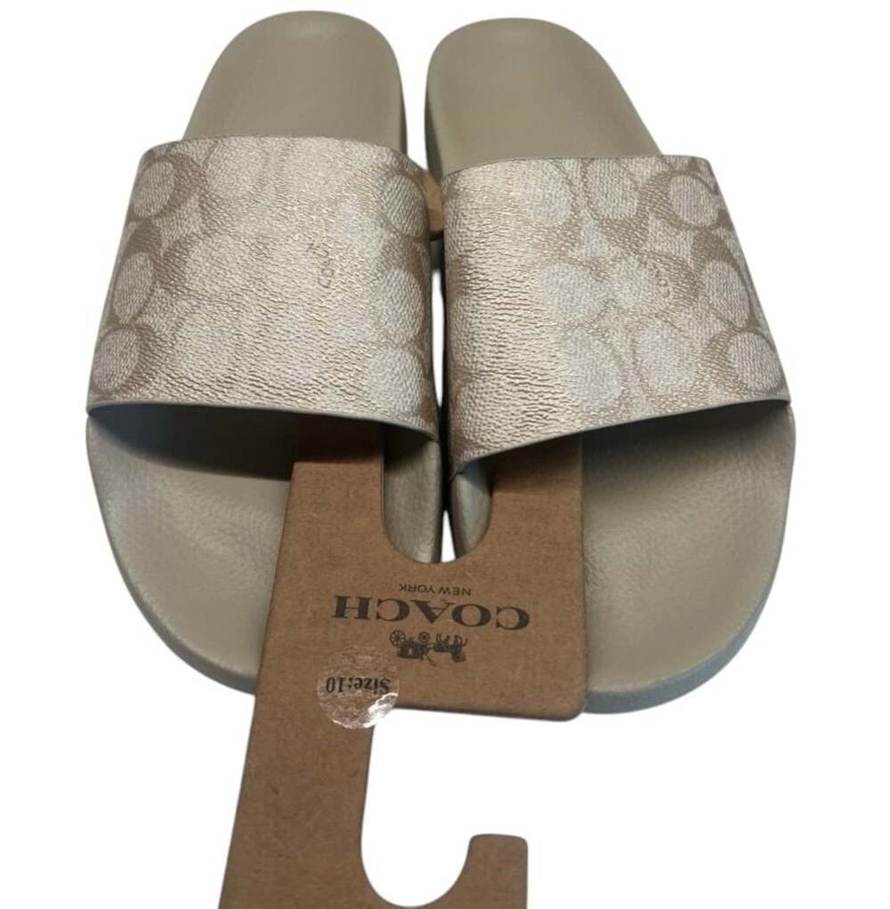 Coach Udele Signature Canvas Slide Sandals White Silver - Picture 2 of 7